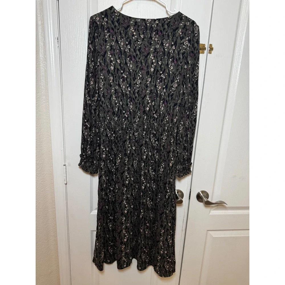 Caslon Womens Green Purple Floral Smocked Waist Long Sleeve Midi Dress Small